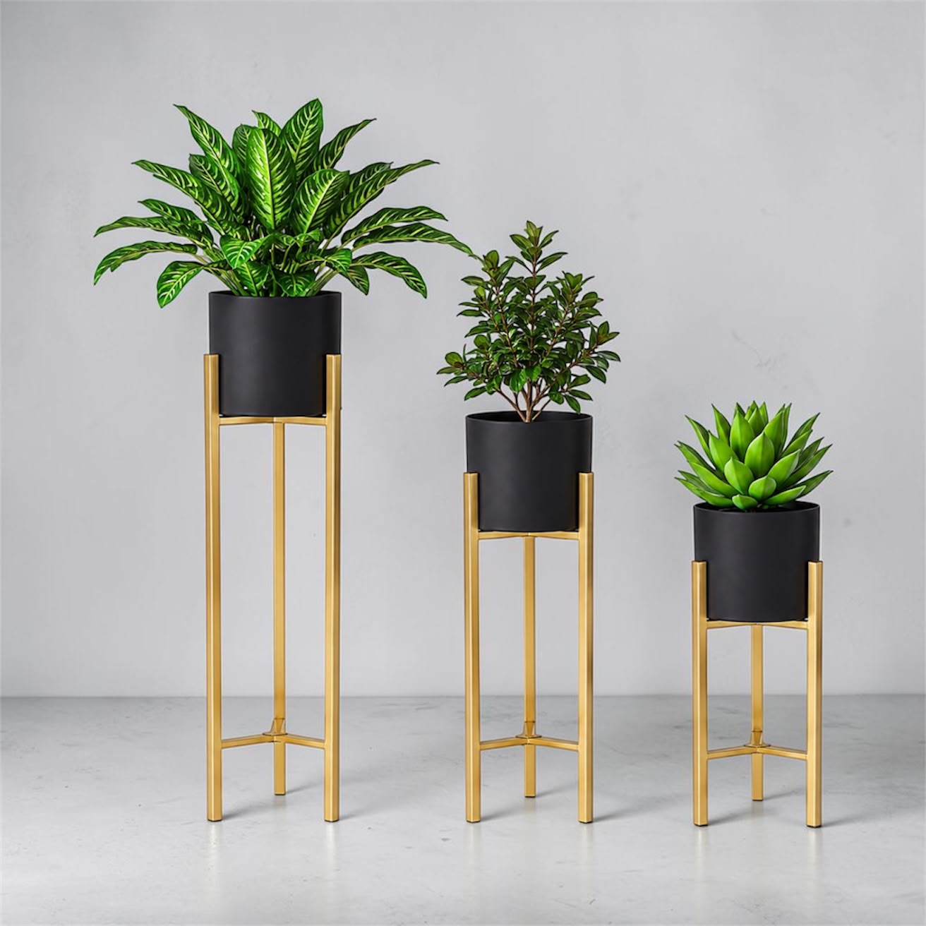 3-Piece Black Metal Planters with Gold Stands AH-137 Moradabad